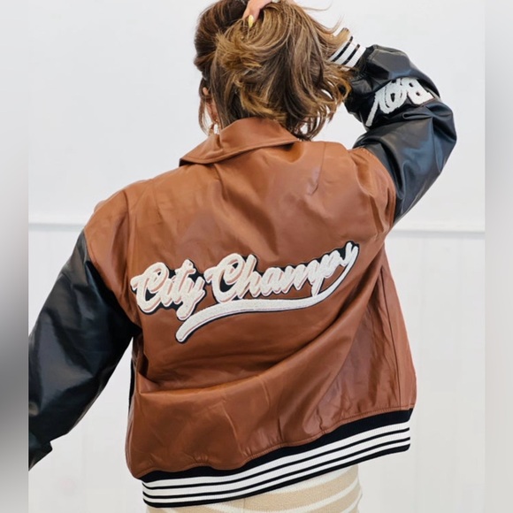 Faux-Leather Varsity Jacket in Brown and Black with Patch Detail - Picture 2 of 13